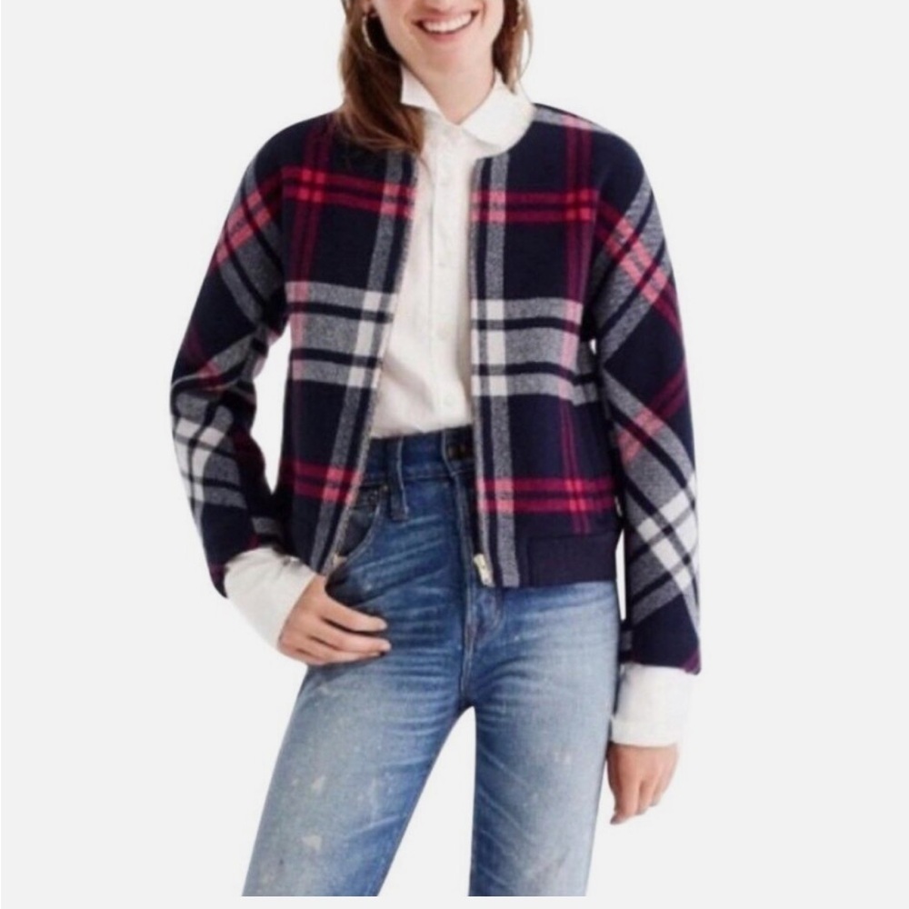 J CREW Plaid Wool Bomber Jacket Zip Up, Navy Blue, Red, White Women's Medium